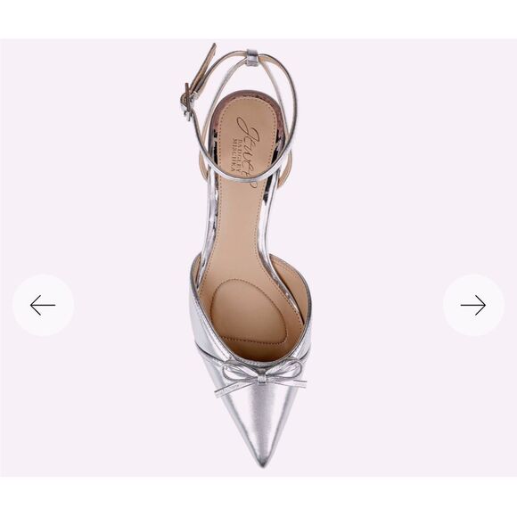 Jewel Badgley Mishka Talasia Pointed Toe Kitten Heels | Silver Metallic | Size 8 - Picture 6 of 16